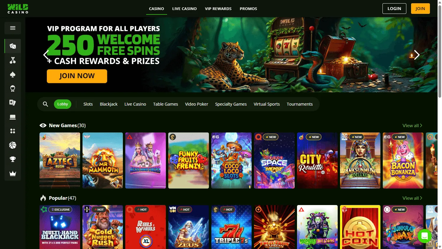 Wild Casino desktop casino home with casino categories and promotional content