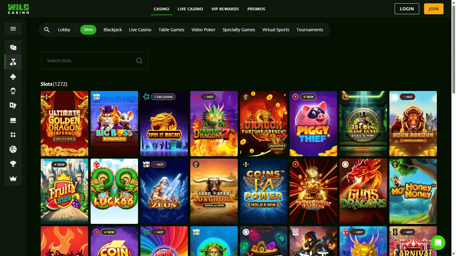 Wild Casino desktop games area with slots and casino game choices