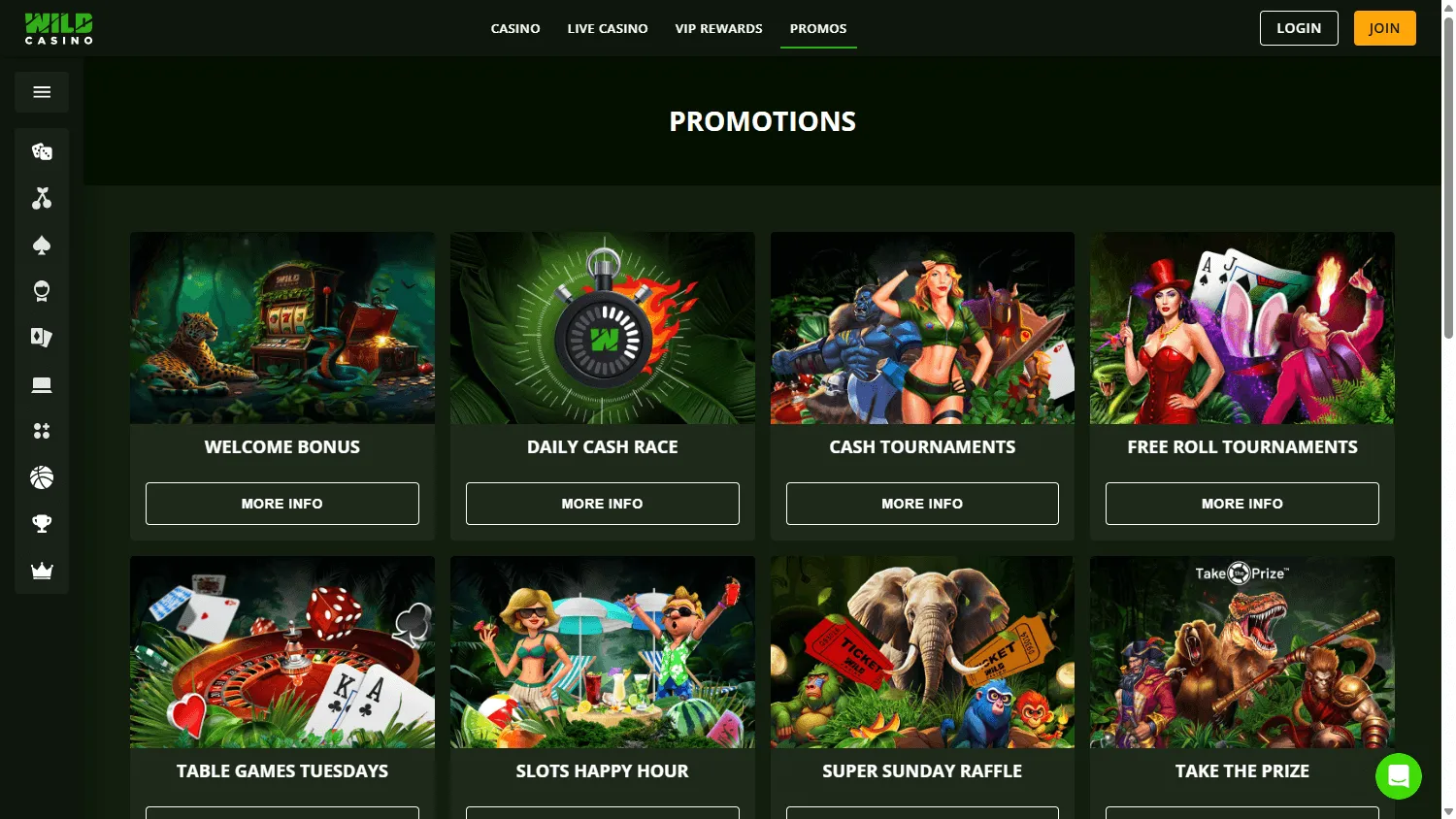 Wild Casino desktop promotions area with casino rewards and tournament offers