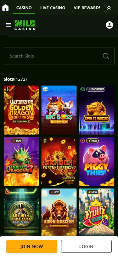 Wild Casino mobile browser games area with slots and casino games