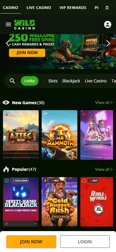 Wild Casino mobile browser home on an iOS or Android device